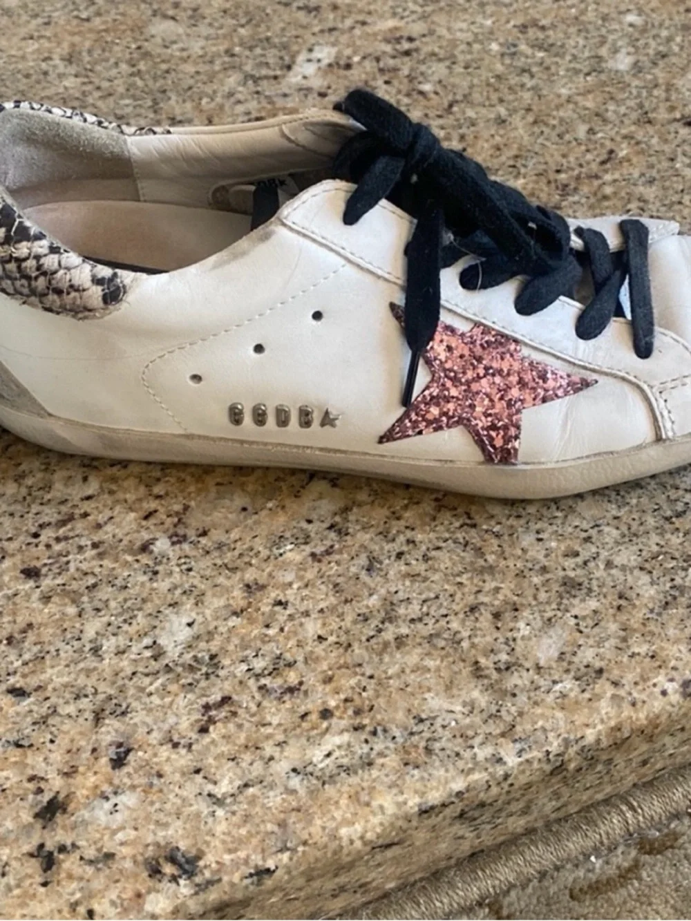 Golden Goose White Sneakers with Pink Glitter Star and Snake-Print Heel - Picture 4 of 5